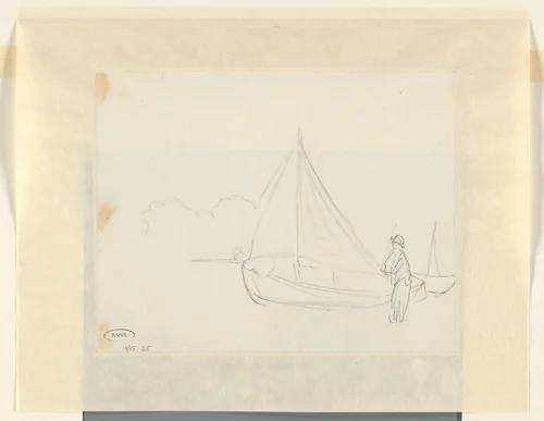 Figuur bij een zeilschip by John Linnell, drawing, 1802-1882