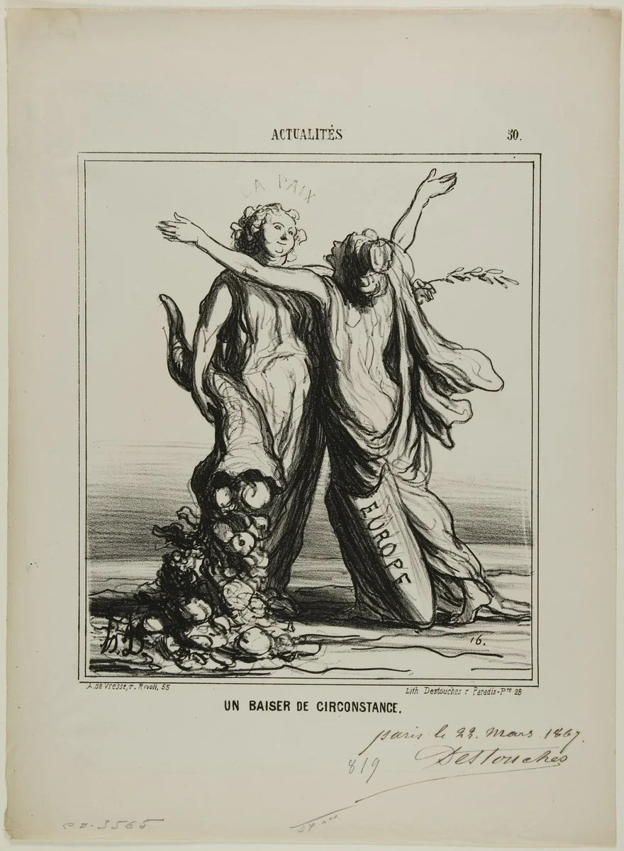 A Kiss of Circumstances, plate 50 from Actualités by Honoré-Victorin Daumier, print, 1867