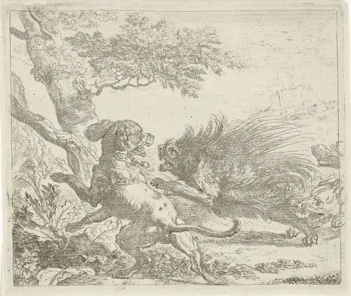 Stekelvarken door honden aangevallen by Abraham Daniëlsz. Hondius, print, 1672