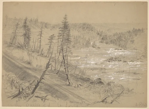 Railroad on the Dalles of the St. Louis by Alfred R. Waud, drawing, 1882
