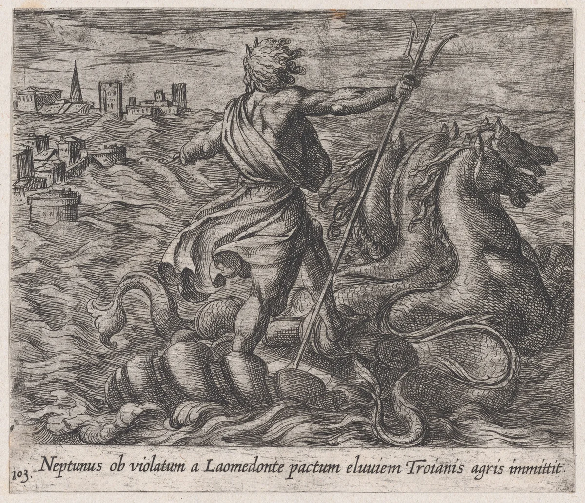 Plate 103: Neptune Sending a Deluge to Troy (Neptunus ob violatum a Laomendonte pactum eluviem Troianis agris immittit), from Ovid's 'Metamorphoses' by Antonio Tempesta, print, 1606