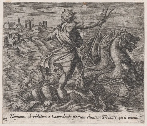 Plate 103: Neptune Sending a Deluge to Troy (Neptunus ob violatum a Laomendonte pactum eluviem Troianis agris immittit), from Ovid's 'Metamorphoses' by Antonio Tempesta, print, 1606