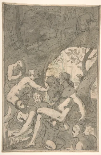 Women Bathing in a Wood, Surprised by a Satyr by Balthasar Katzenberger, drawing, 1580-1627