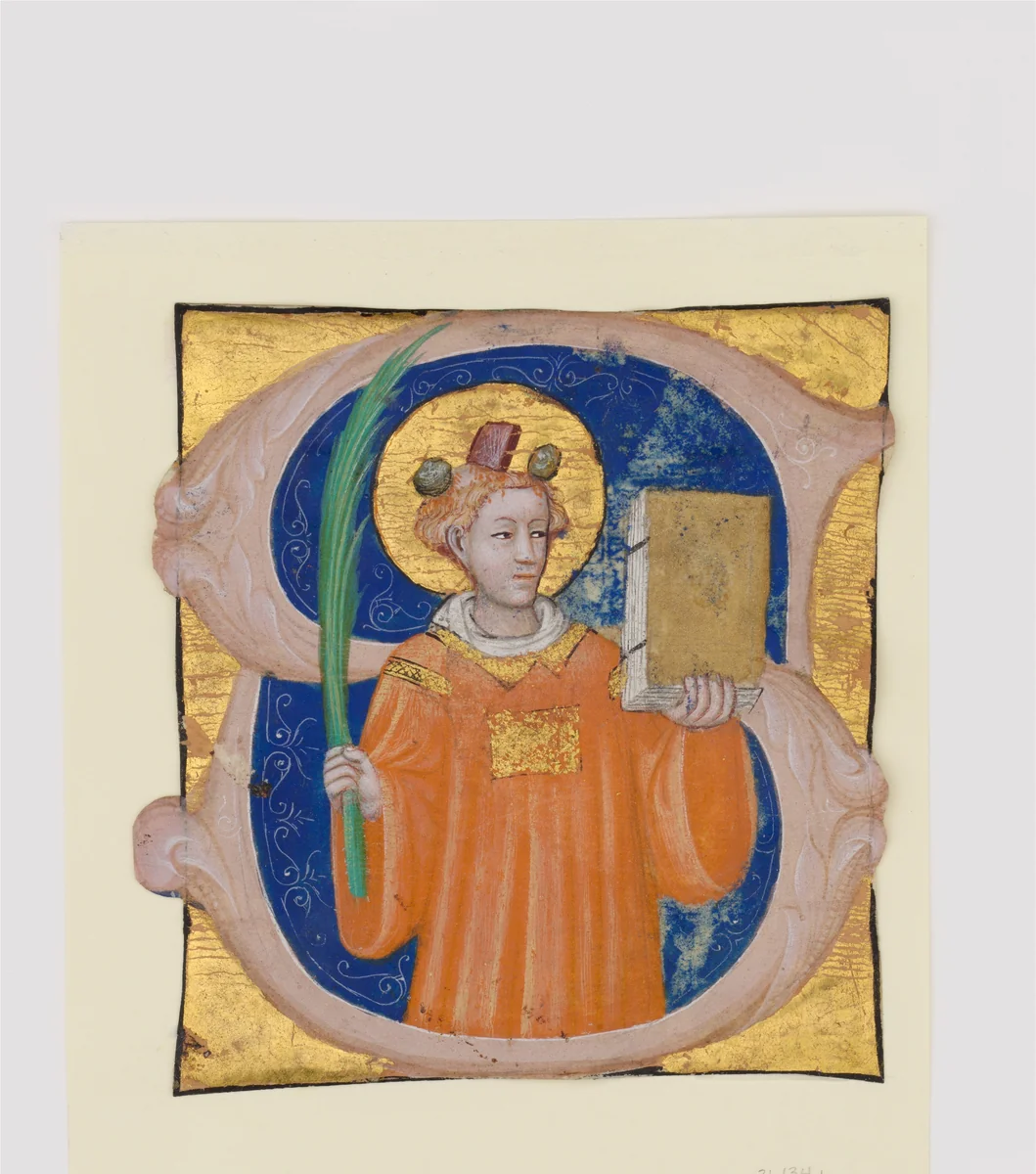 Manuscript Illumination with Saint Stephen in an Initial S, from an Antiphonary by Master of the Brussels Initials, manuscript, 1410-1420
