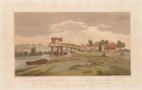 A Selection of Twenty of the Most Picturesque Views in Paris: The Water Mill above the Bridge at Charenton by Thomas Girtin, print, 1803