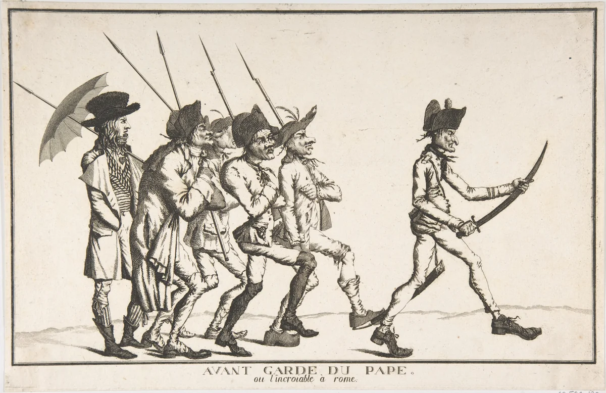 The Pope's Advance Guard or the "Incroyable" in Rome (Avant garde du pape, ou l'Incroyable à Rome) by anonymous, print, 1790-1800