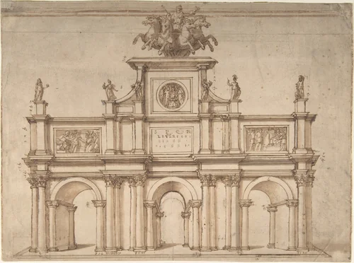 Design for a Triumphal Arch with Three Arches by anonymous, drawing, 1500-1599