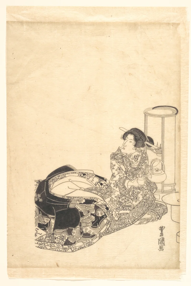 Courtesan or Actor as Courtesan Pouring Tea by the Light of a Lantern by Utagawa Toyokuni, print, 1769-1825