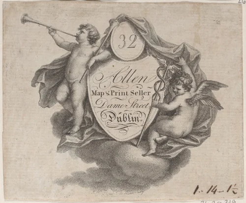 Trade card for William Allen, Map and Print Seller in Dublin by anonymous, print, 1771-1835