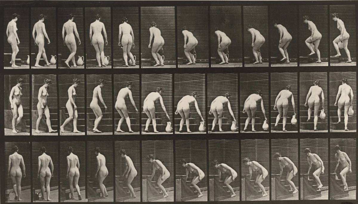 Plate Number 108. Turning to ascend stairs, stooping and lifting pitcher by Eadweard Muybridge, photograph, 1887