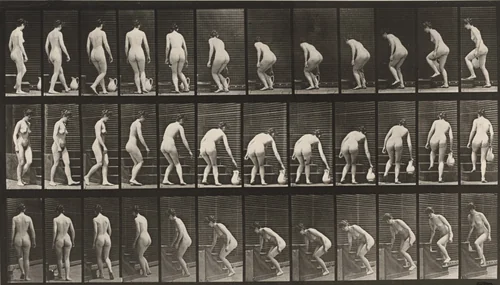 Plate Number 108. Turning to ascend stairs, stooping and lifting pitcher by Eadweard Muybridge, photograph, 1887