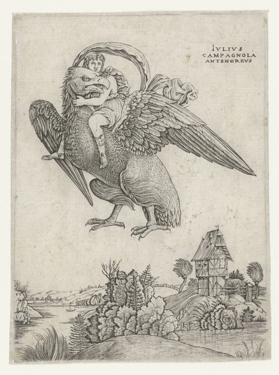 Jupiter en Ganymedes boven landschap by Unknown, print, 1500-1503