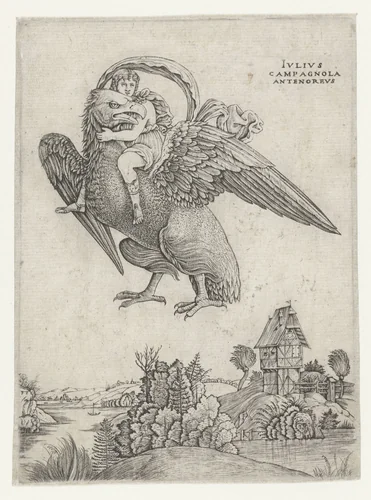 Jupiter en Ganymedes boven landschap by Unknown, print, 1500-1503