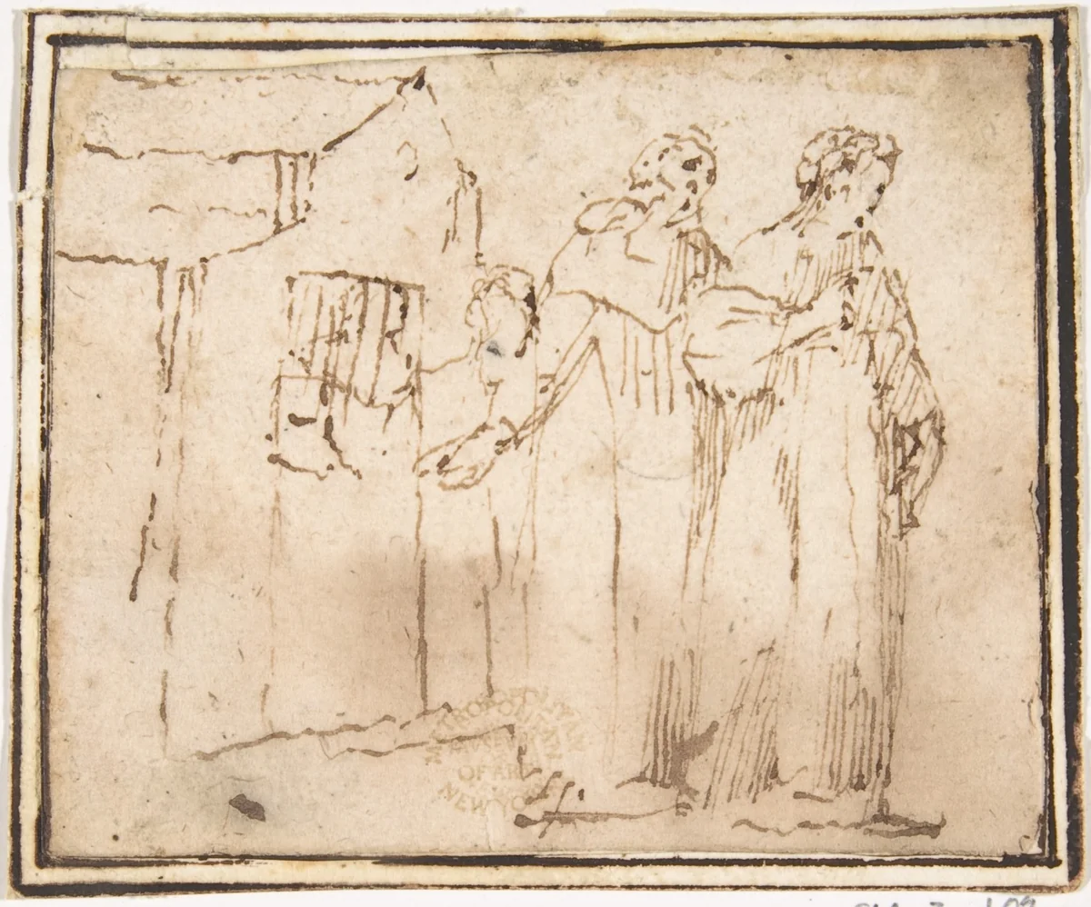 Two Monastic Figures Standing before a Church by Francesco Allegrini, drawing, 1624-1663