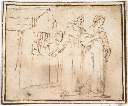Two Monastic Figures Standing before a Church by Francesco Allegrini, drawing, 1624-1663