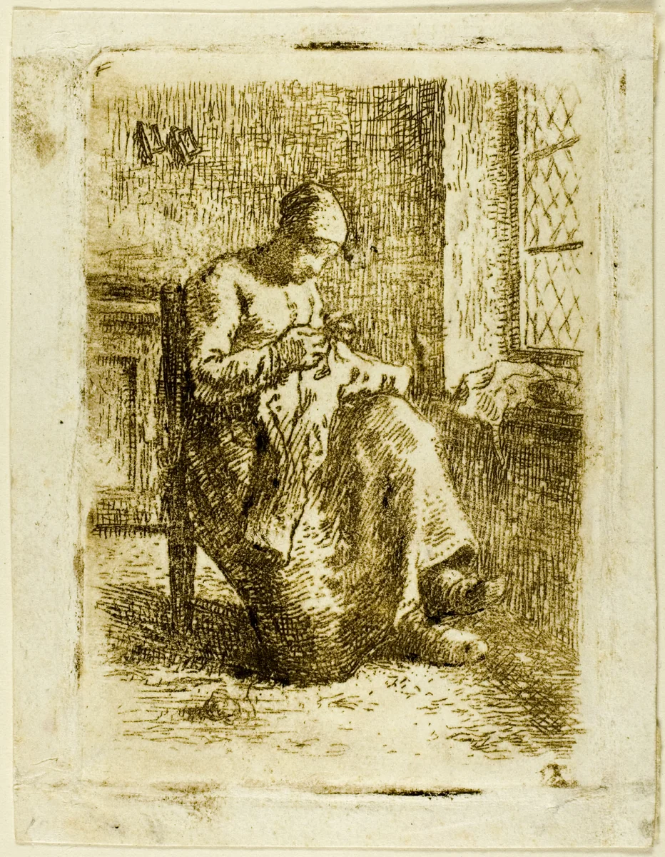 A Woman Sewing by Jean-François Millet, print, 1855