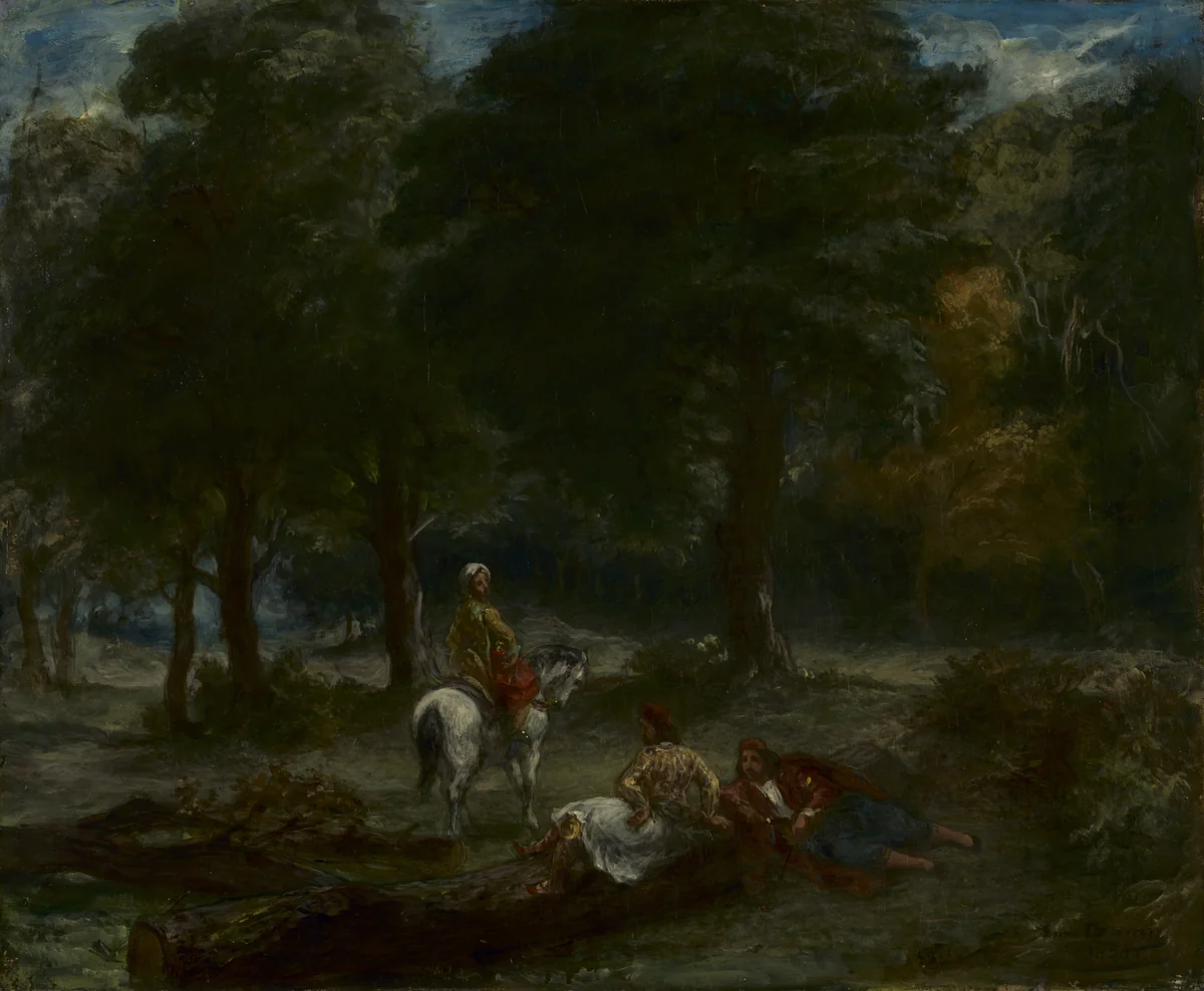 Greek Cavalry Men Resting in Forest by Eugène Delacroix, painting, 1858