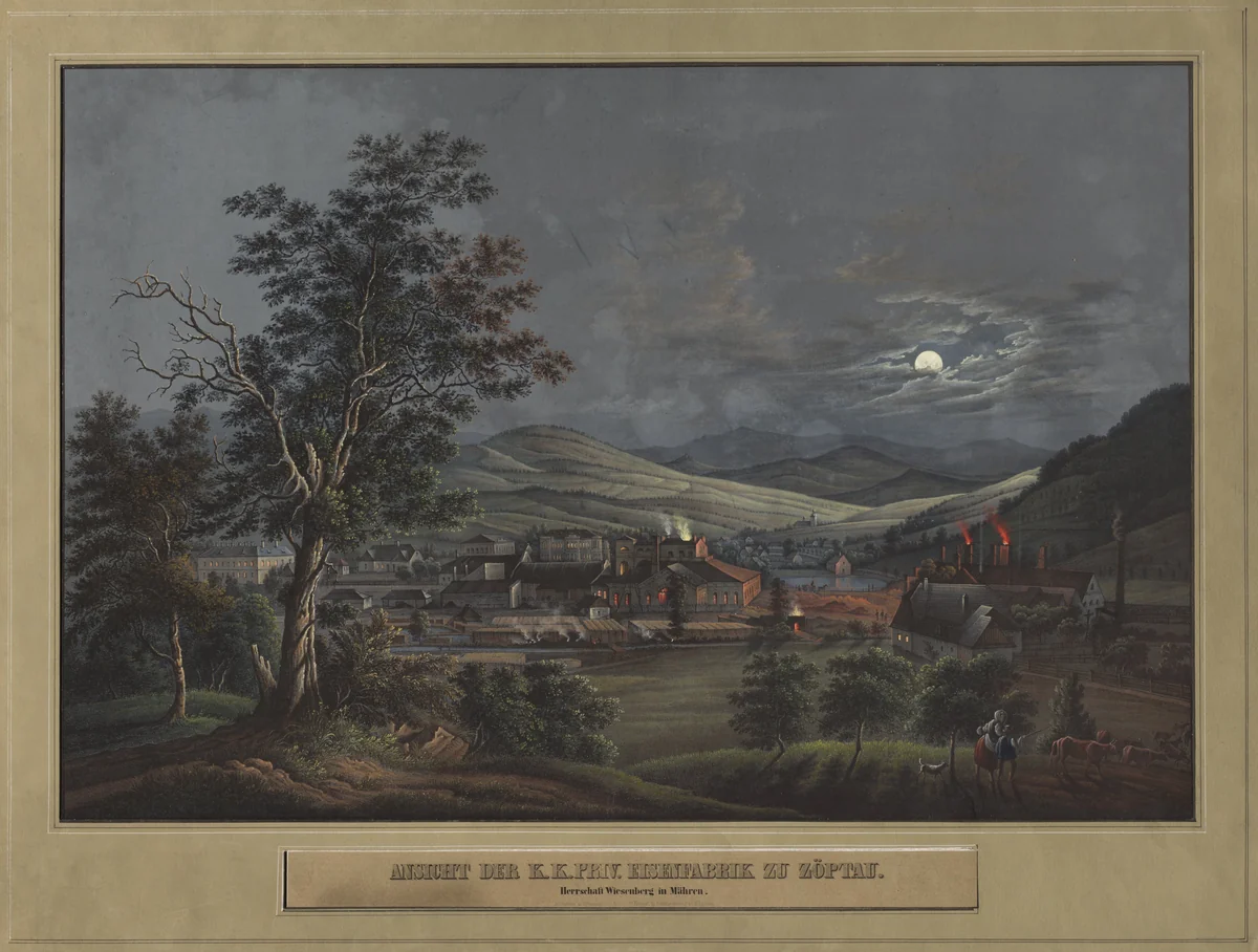View of the K. K. Private Iron Factory in Zöptau by Carl Julius Rieden, print, 1845-1855