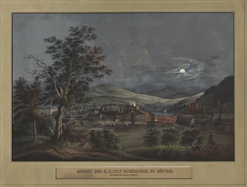 View of the K. K. Private Iron Factory in Zöptau by Carl Julius Rieden, print, 1845-1855