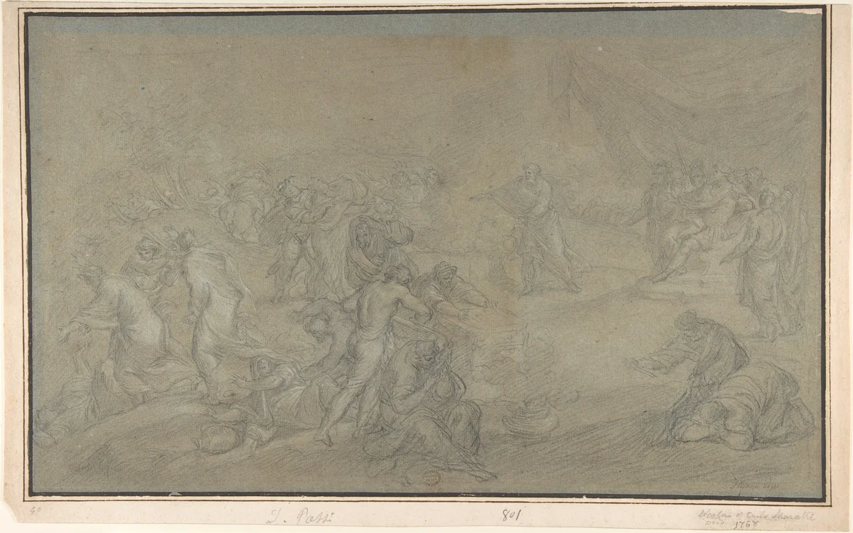 The Contest of Elijah and the Prophets of Baal on Mount Carmel (I Kings 18: 20-46) by Stefano Pozzi, drawing, 1699-1768