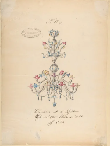 One of Twenty-Three Sheets of Drawings of Glassware (Mirrors, Chandeliers, Goblets, etc.) by Compagnia di Venezia e Murano, drawing, 1850-1880