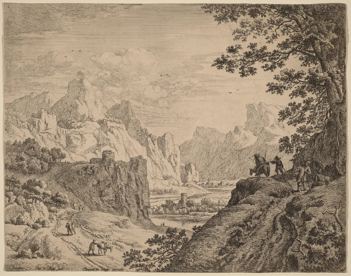 View of the River Rhine by Jan van Aken; Herman Saftleven; Clement de Jonghe, print, 1614-1661