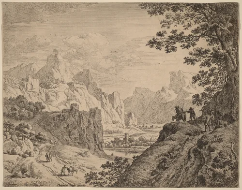 View of the River Rhine by Jan van Aken; Herman Saftleven; Clement de Jonghe, print, 1614-1661