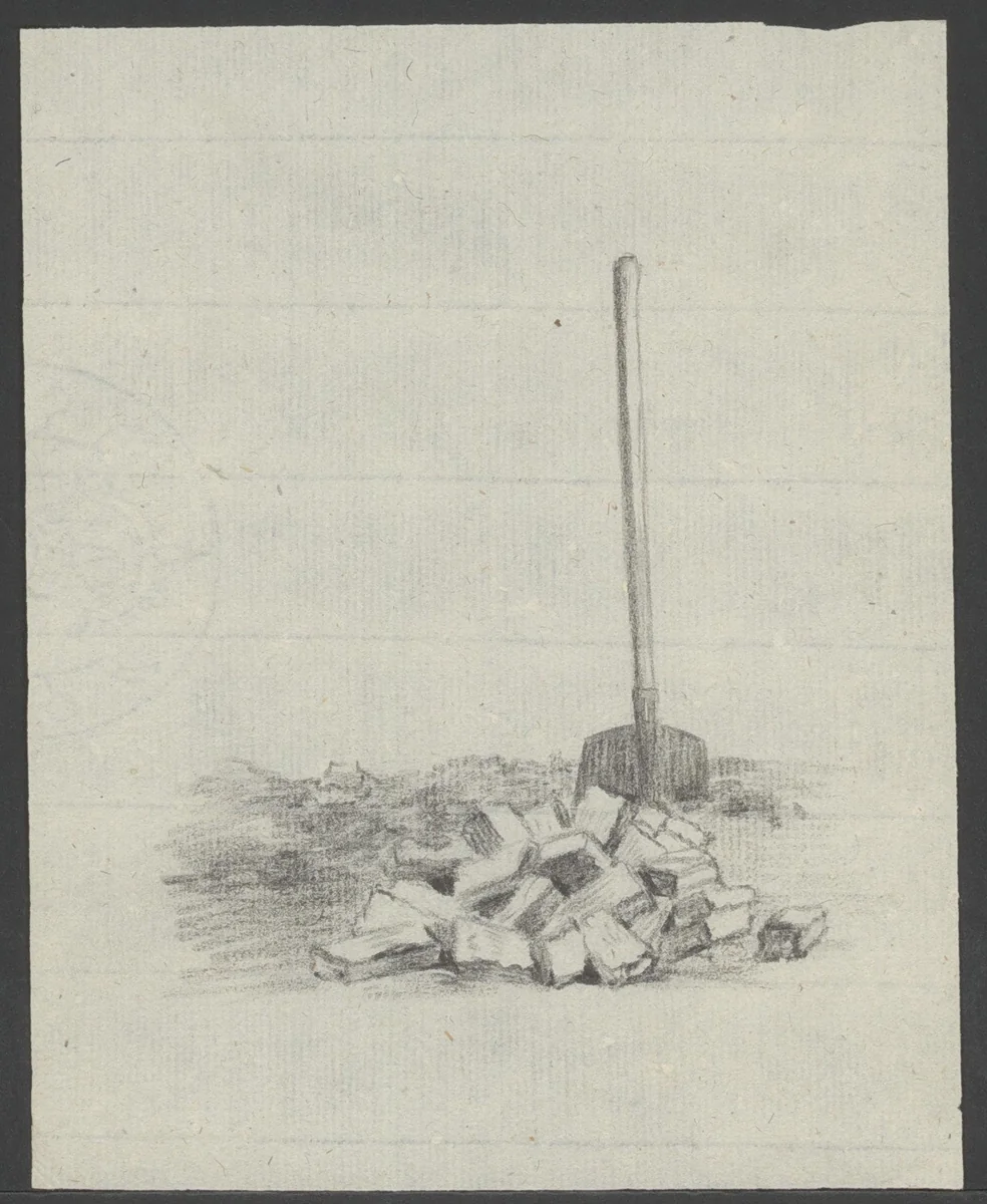 Bakstenen en een schop by anonymous, drawing, 1800-1899