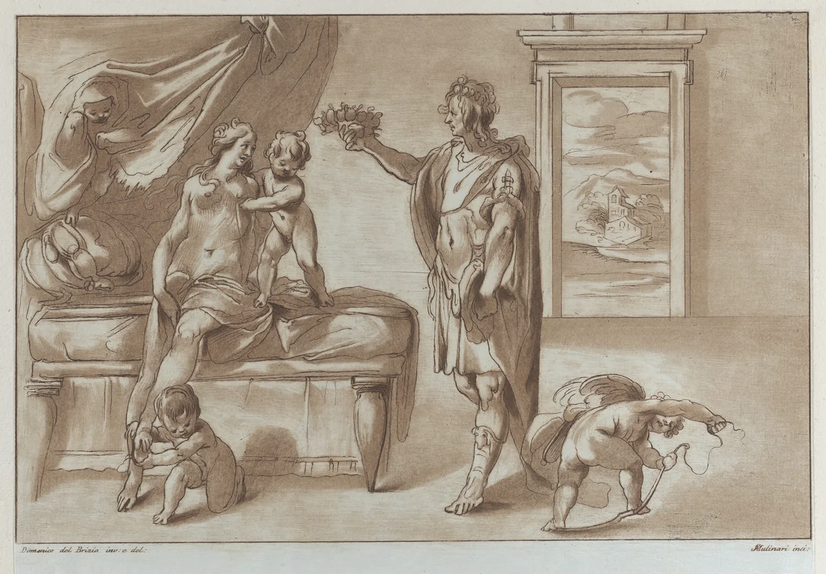 Mars offering a floral wreath to Venus by Stefano Mulinari, print, 1760-1790