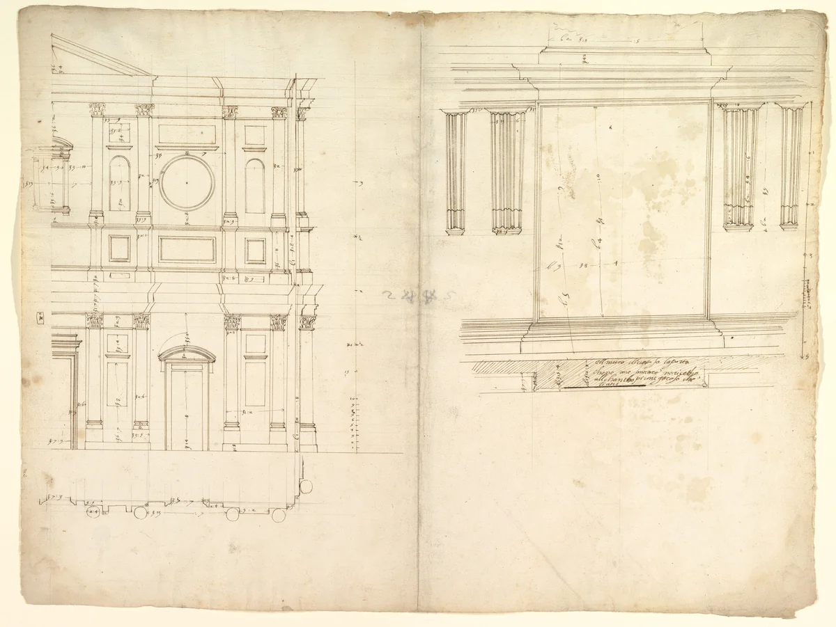 San Lorenzo, model, right half façade (left hand of folio); San Lorenzo, Library, Ricetto, consoles, elevation (right hand) (recto) blank (verso) by anonymous, drawing, 1500-1560