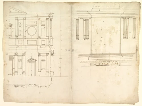 San Lorenzo, model, right half façade (left hand of folio); San Lorenzo, Library, Ricetto, consoles, elevation (right hand) (recto) blank (verso) by anonymous, drawing, 1500-1560