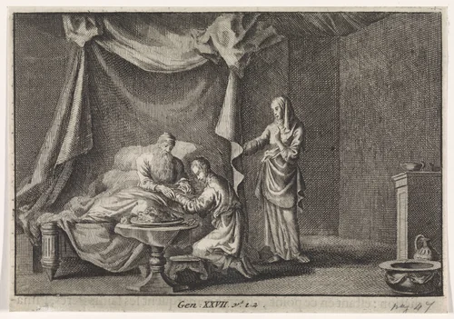 Isaak zegent Jakob by Jan Luyken, print, 1703-1762