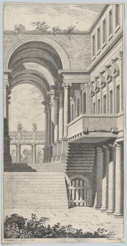 Architectural View with an Arch by François Vivares, print, 1740