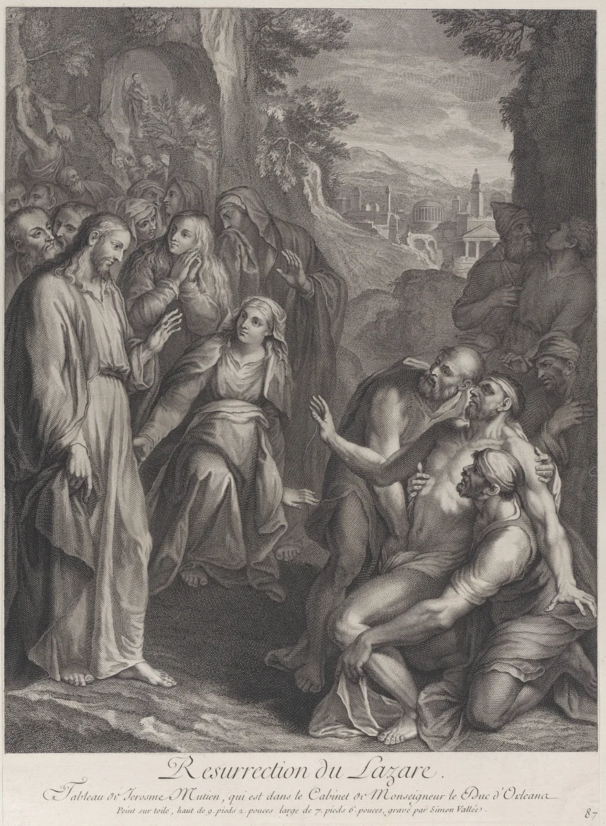 The Raising of Lazarus, with Christ standing at left by Simon de la Vallée, print, 1724-1734