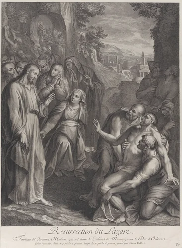 The Raising of Lazarus, with Christ standing at left by Simon de la Vallée, print, 1724-1734