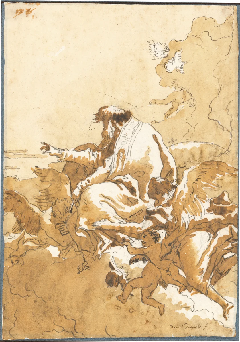 God the Father Seated in Clouds Surrounded by Angels and Putti by Giovanni Domenico Tiepolo, drawing, 1753-1759