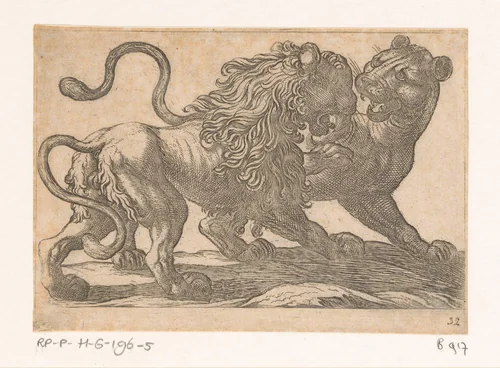 Een leeuw vechtend met een leeuwin by Antonio Tempesta, print, 1600