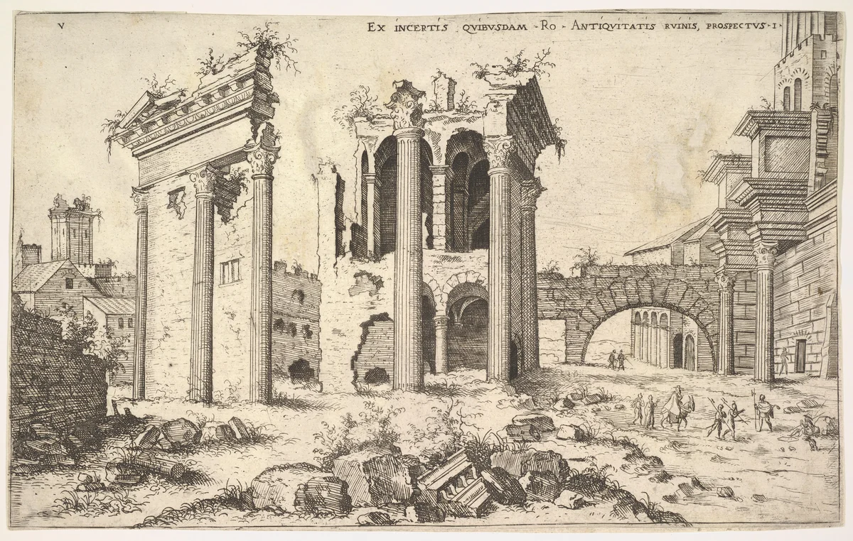View of unidentified ruins with trabeated facade at left, arcades at center, and arch at right, from "The Roman Ruins" (Praecipua aliquot Romanae antiquitatis ruinarum monimenta, vivis prospectibus) by Hieronymus Cock, print, 1551