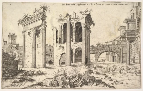 View of unidentified ruins with trabeated facade at left, arcades at center, and arch at right, from "The Roman Ruins" (Praecipua aliquot Romanae antiquitatis ruinarum monimenta, vivis prospectibus) by Hieronymus Cock, print, 1551