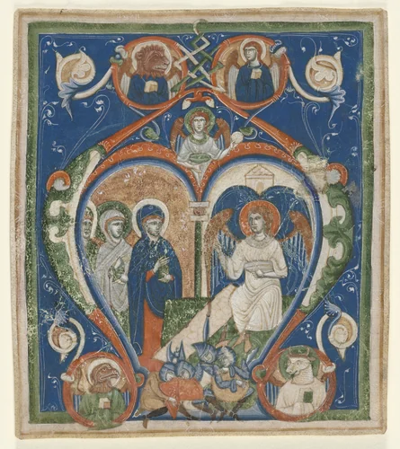 Initial A[ngelus Domini descendit] from an Antiphonary: The Three Marys at the Tomb by Unknown, manuscript, 1280-1300