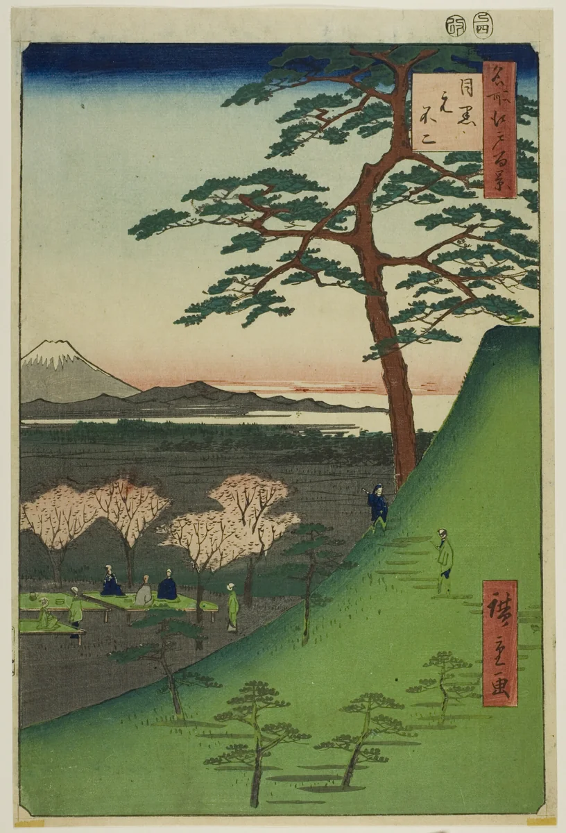 Original Fuji, Meguro (Meguro Moto-Fuji), from the series "One Hundred Famous Views of Edo (Meisho Edo hyakkei)" by Utagawa Hiroshige (歌川広重), print, 1857