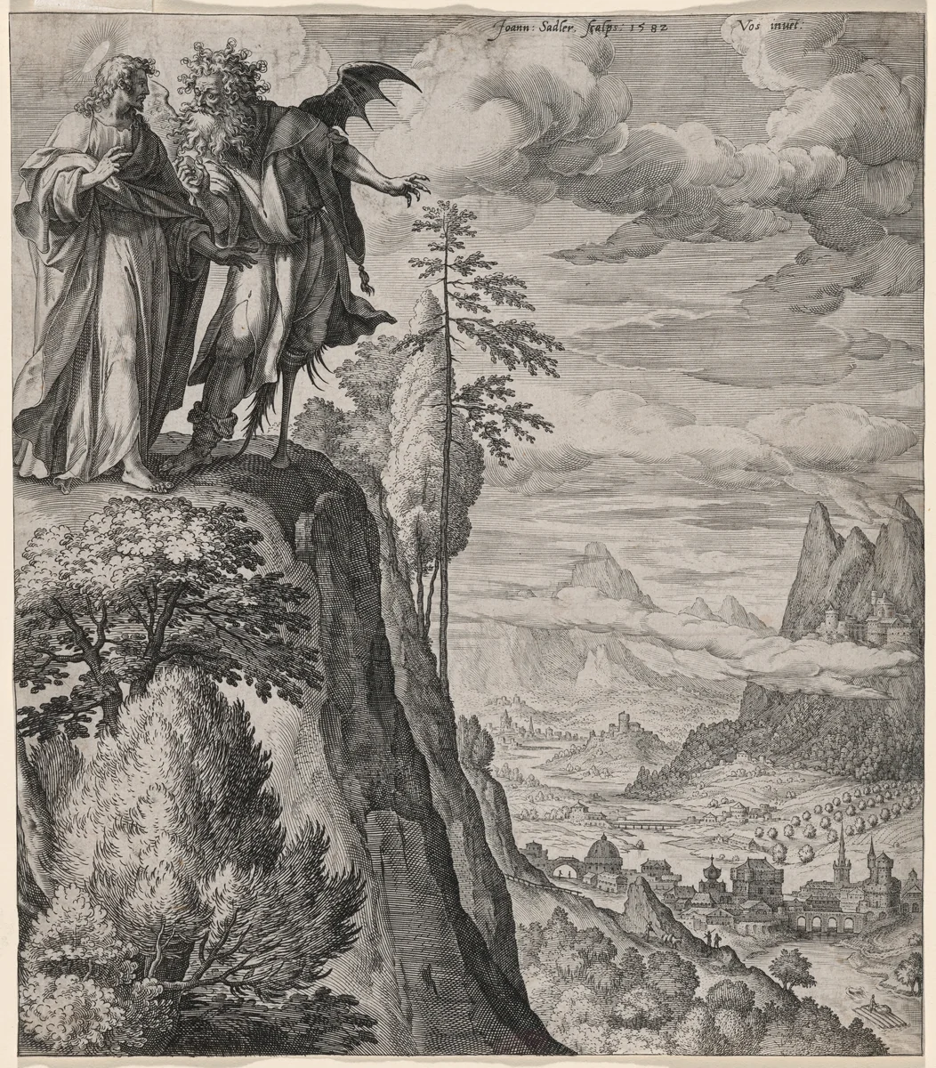 The Temptation of Christ by Jan Sadeler I; Maarten de Vos, print, 1582