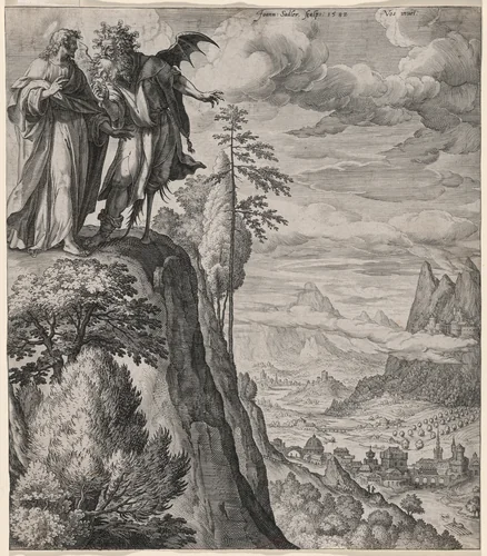 The Temptation of Christ by Jan Sadeler I; Maarten de Vos, print, 1582