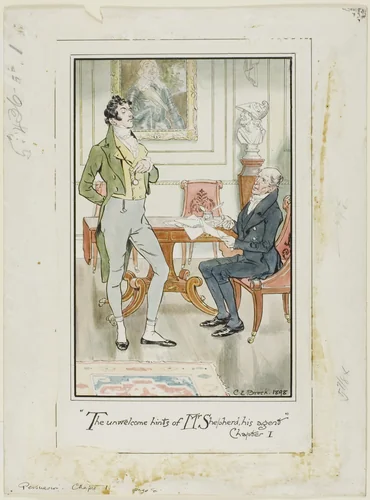 "'The unwelcome hints of Mr. Shepherd, his Agent,' Chapter I" frontispiece for Jane Austen's Persuasion by Charles Edmund Brock, painting, 1898