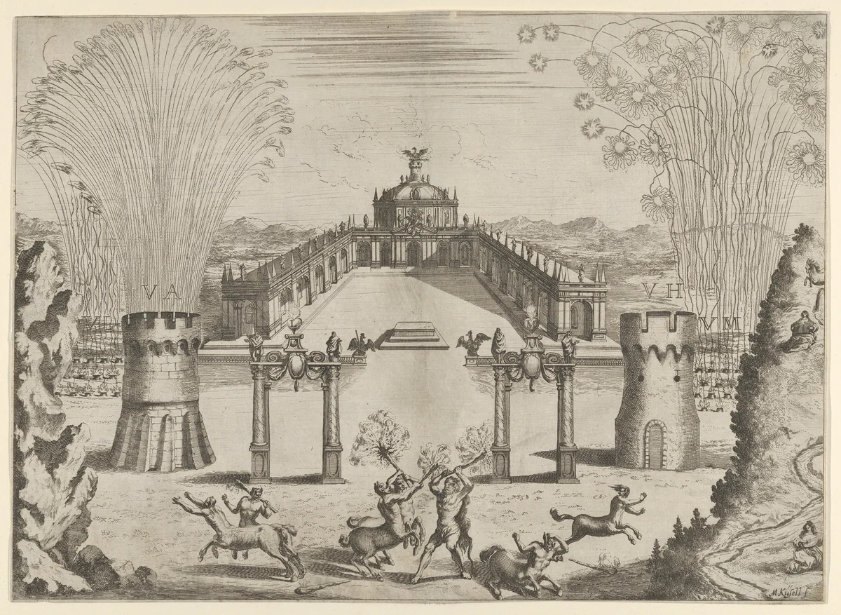Pantomime with fireworks performed for the marriage of Emperor Leopold I to the Infanta Margarita of Spain in Vienna, 1666 by Melchior Küsel, print, 1666