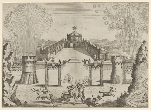 Pantomime with fireworks performed for the marriage of Emperor Leopold I to the Infanta Margarita of Spain in Vienna, 1666 by Melchior Küsel, print, 1666