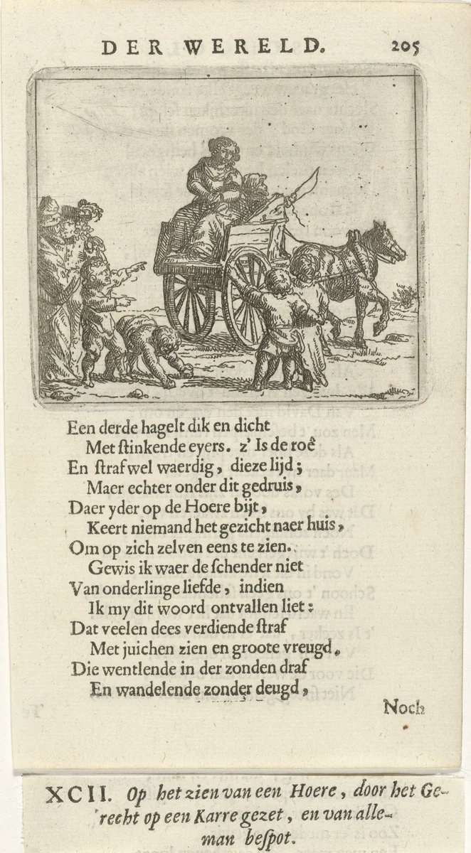 Vrouw op een kar wordt bespot by Arnold Houbraken, print, 1682