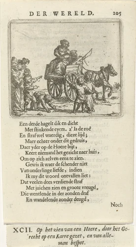 Vrouw op een kar wordt bespot by Arnold Houbraken, print, 1682