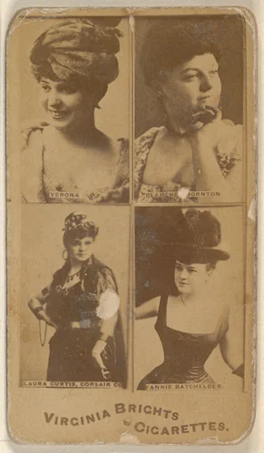 Verona/ Blanche Thornton/ Laura Curtis, Corsair Co./ Fannie Batchelder, from the Actors and Actresses series (N45, Type 4) for Virginia Brights Cigarettes by Allen & Ginter, photograph, 1885-1891
