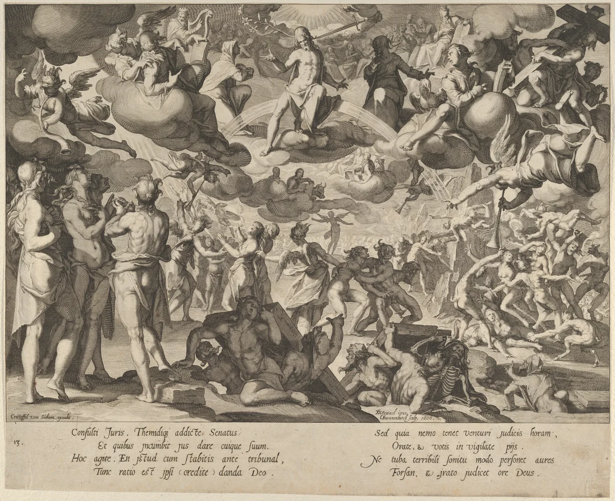 The Last Judgment, plate 13 from "Thronus Justitiae, tredecim pulcherrimus tabulis..." by Willem van Swanenburg, print, 1606